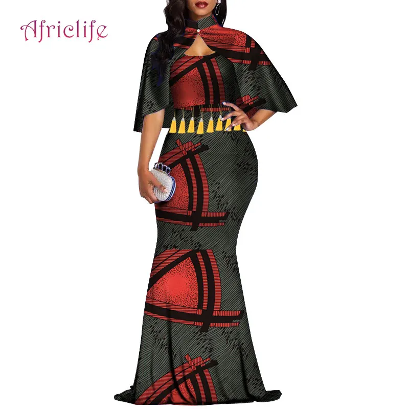 Дашики Африканский принт одежда для женщин длинное платье и накидка 2 шт. хлопок Базен Riche батик модная Дамская одежда WY4394 - Color: 8