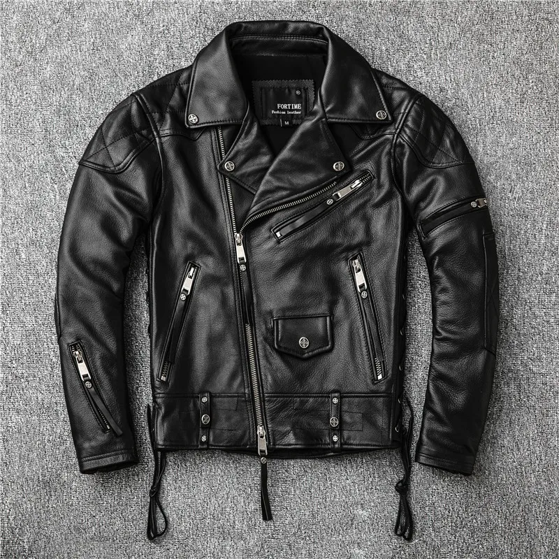 Baratos 2019 chaqueta de cuero de motocicleta americana para hombre negro talla grande XXXXL piel de vaca genuina otoño Slim Fit chaqueta de motorista envío gratis