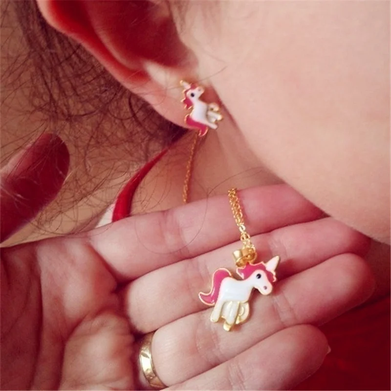 4 in Pink Girls Xmas Jewelry Gift1 Earring and Necklace Set Cartoon Unicorn Necklace Earrings Jewelry