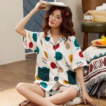 

2020 Summer Cotton Pajamas Women Casual Style Pyjamas Homesuit Short Sleeve Shorts Sleepwear Girl's Home Wear Suit Pijama PJ New