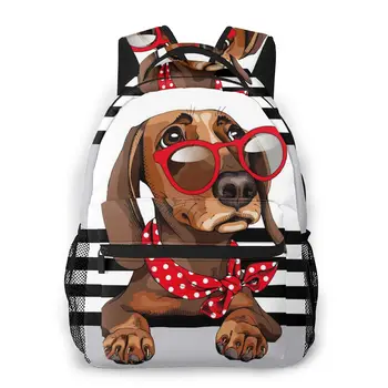 

Mountaineering Backpack Dachshund Dog In Red Sunglasses With Polka Dots Neck Scarf Shoulder Bags Backpacks
