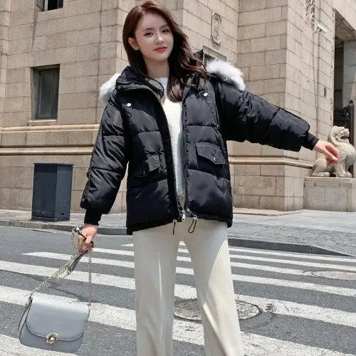 Women Short Jacket Mujer New Autumn Winter Casual Hooded Faux Fur Collar Zipper Padded Coat Female Pink Outerwear Parkas - Цвет: 2