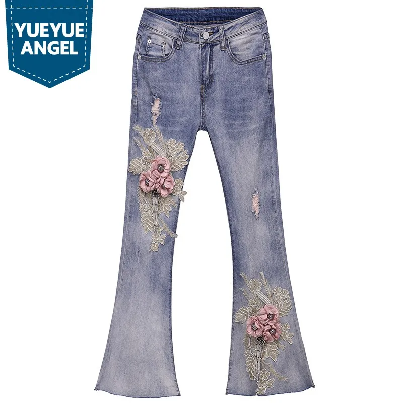 Женские расклешенные джинсы с вышитыми цветами, новинка, узкие джинсовые брюки с кисточками, женские синие джинсы на молнии с эффектом потертости для девушек
