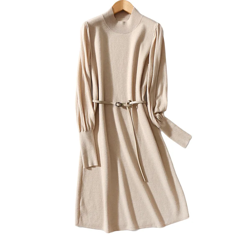 2022-new-year-women's-fashion-french-lantern-sleeve-wool-knitted-dress-with-belt