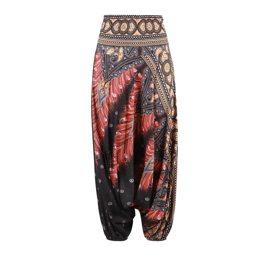 Women's ethnic style digital printing wide leg pants bloomers loose yoga pants large size high waist pants women's sports