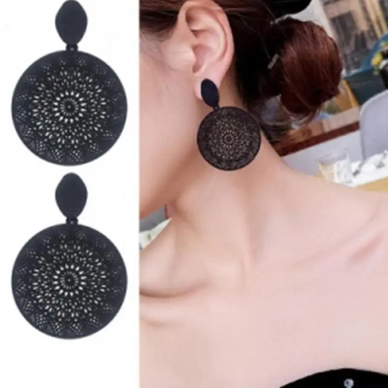 

Wholesale Of New Korean Personality Black Ring Temperament Hollow-out Pattern Pendant Earrings In 2019 Earrings For Women