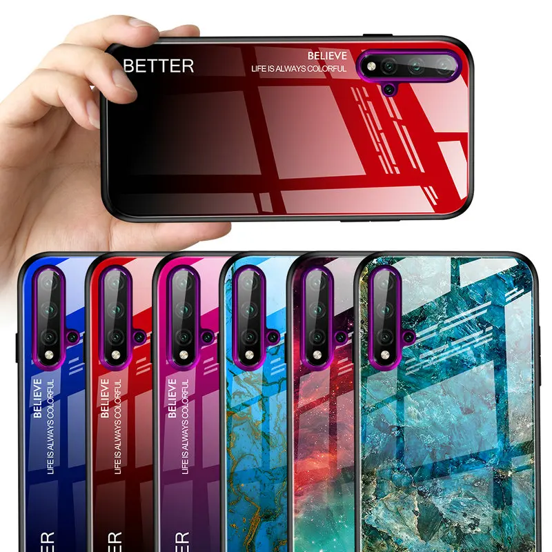 Nova 5 T Роскошный чехол для huawei из закаленного стекла с мрамором задняя крышка TPU