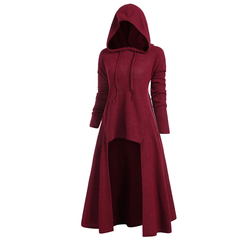 

Fall Winter Women Long Gothic Sweater Dress Pullover Fashion Female High Low Loose Drawstring Sweater Knitting Hooded Long Coat