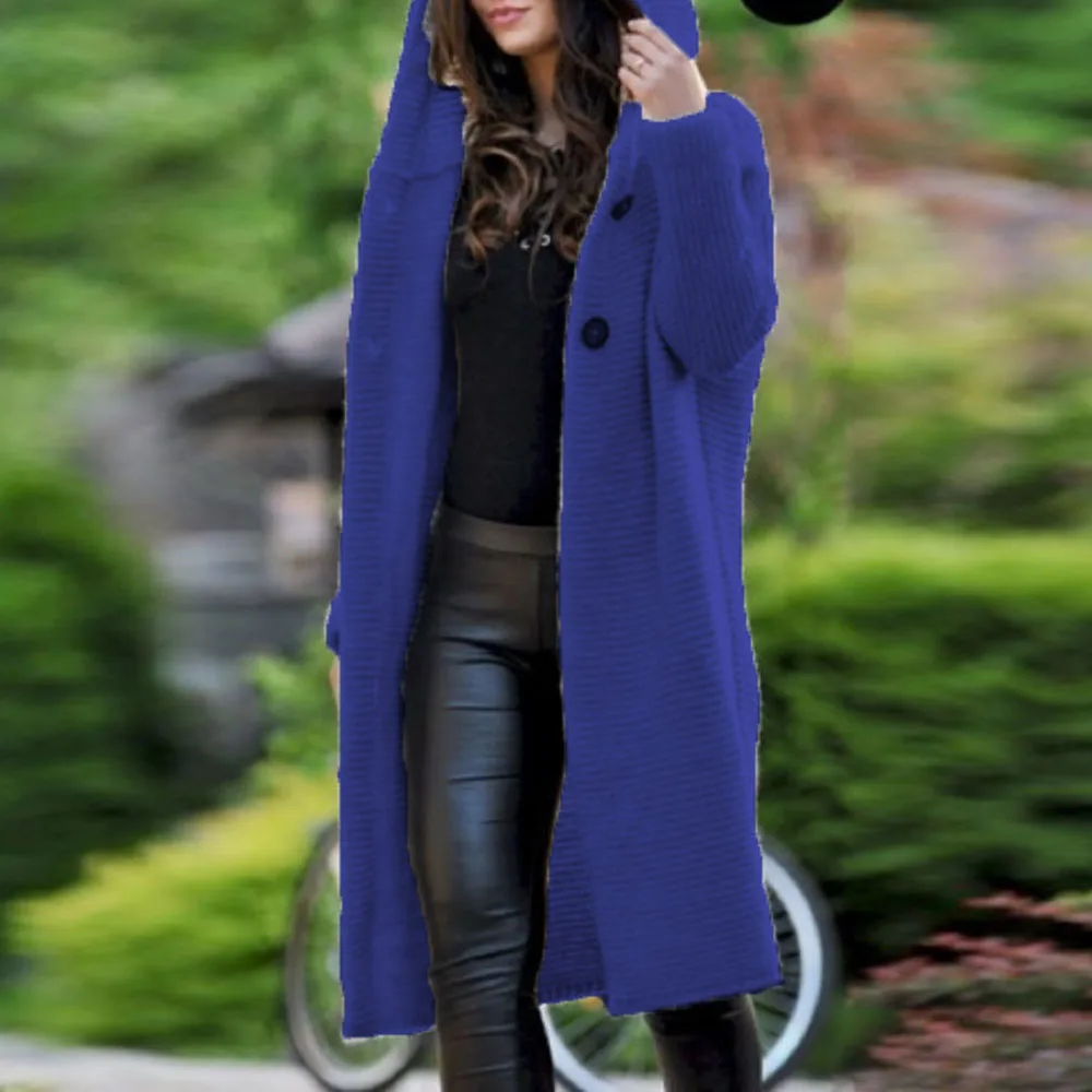Теплый кардиган-пальто однотонный длинный свитер с капюшоном женские пальто плюс размер 3XL Повседневные вязаные свитера уличная одежда для девочек