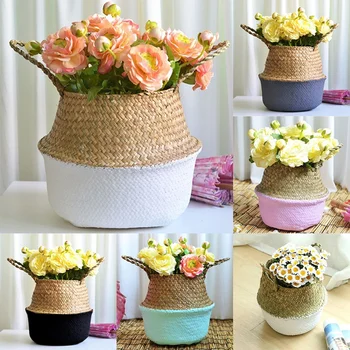 

EASY-16x22x20cm Rattan Basket Seagrass Belly Flower Plant Pots Laundry Storage Foldable Straw Basket Home Garden Decors