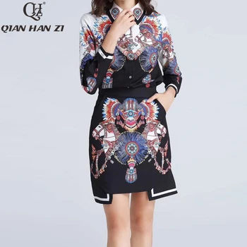

Qian Han Zi 2020 Designer Fashion Runway Suit set Womens tops and blouses and vintage pattern print mini skirt 2 piece set