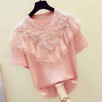 

Female Summer Short Sleeve T-shirt Heavy Industry Sequins Beaded Lace Ruffled Shirt Female 2020 Summer New Design Sweet Tops Tee