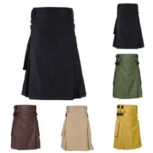 Puimentiua Scottish Mens Solid Classic Retro Traditional Plaid Medieval Cargo Personality Scottish Kilts Check Pattern Skirts