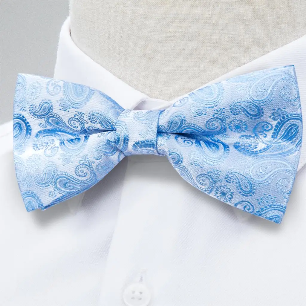 Bow Tie Light Blue Paisley Silk Bowtie Mens Wedding Bowtie Pocket Square Cufflink Set Suit Wedding Party DiBanGu Designer LH-134