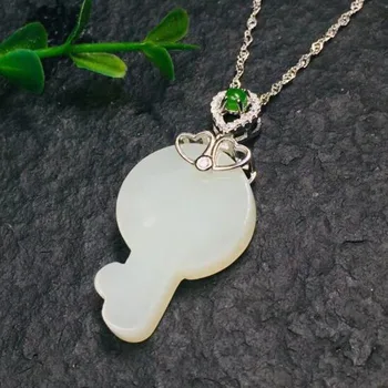 

Natural Hetian White Jade 925 Silver The Key Is Inlaid Zircon With Green Stone Pendants Fine Jewelry Women Party Necklac