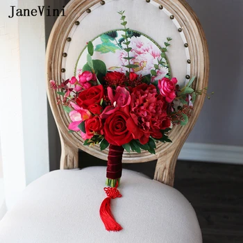 

JaneVini 2020 Elegant Red Wedding Bouquet Fan Type Artificial Silk Roses Chinese Style Wedding Round Hand Flowers Fan for Bride