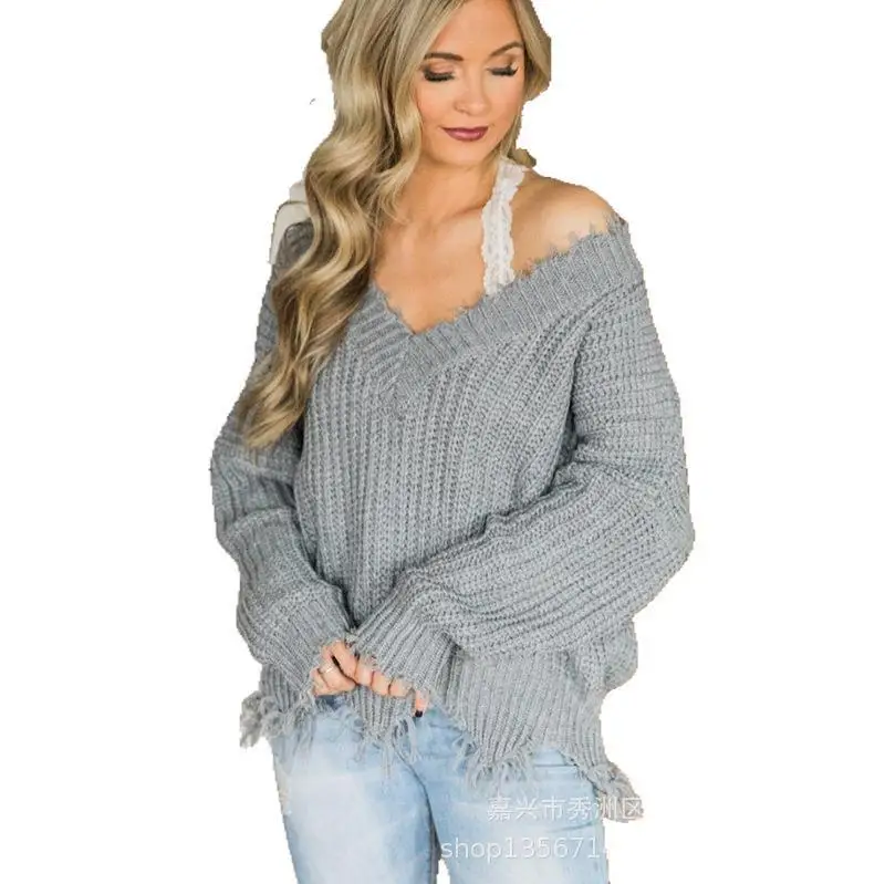 

Women Sexy Off Shoulder Knitted Sweater 2019 Autumn Irregular Tassel Distressed Sweaters Female Long Sleeve Loose Pullover Tops
