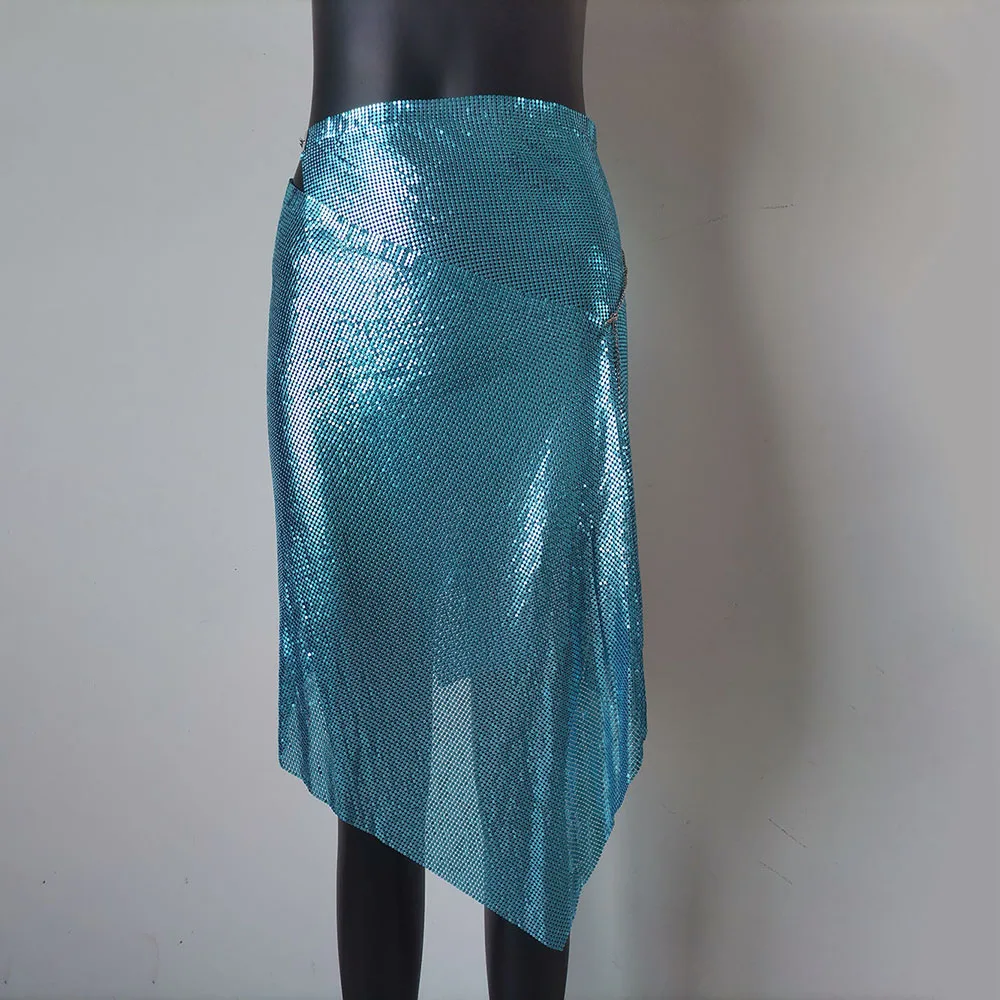 mini skirt Bling Bling Sexy Club Skirt Nightclub Metallic Asymmetric Sequin Metal Mesh Aluminum Chainmail Party Birthday Skirt tennis skirt