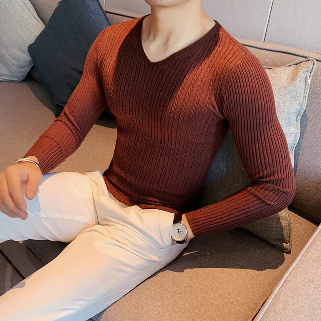 남성용 슬림 핏 V넥 니트 스웨터 세트와 헤드 레저 니트 티셔츠