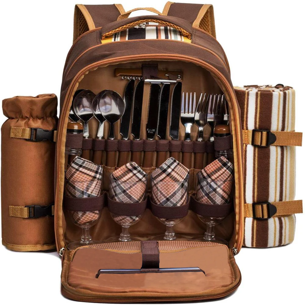 Picnic Tableware Bag Set Outdoor Portable Thermal Insulation Cold Storage 4 Person Camping Double-shoulder Picnic Backpack