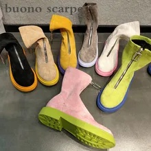 Новинка года; сезон осень; обувь на плоской подошве с круглым носком; Одинаковые цвета; женские эластичные Ботинки Martin с высокой талией