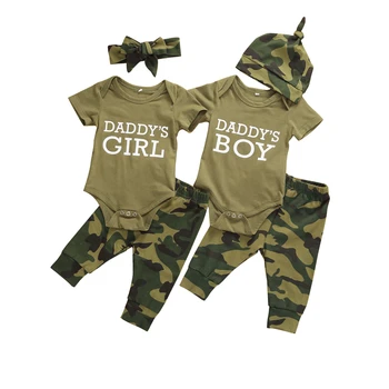 

Camouflage Newborns Baby Romper Pants Suit Daddy’s Day Gift Summer Loose Round Collar Short Sleeve Clothes with Hat/Headband
