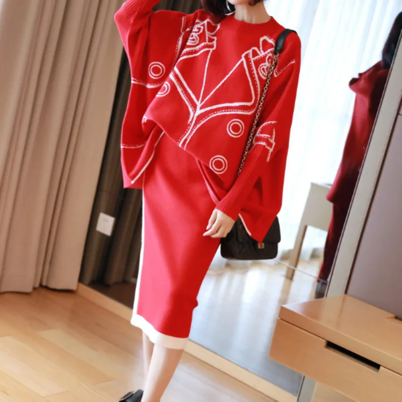 

Loose Plus Size Women Two Piece Outfits Sweater Korean Style 2 Piece Outfits for Women Autumn Winter Skirt GCC2946