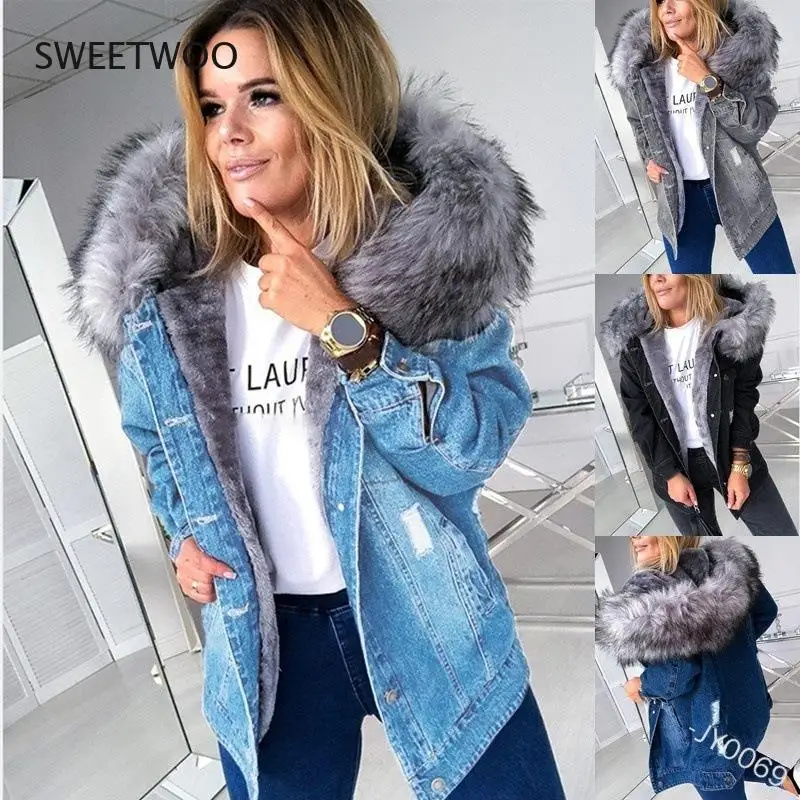 

Women Winter Warm Fluffy Collar Hooded Denim Jacket Thick Plush Warm Long Sleeve Jean Coat Button Down Oversized Loose Jacket