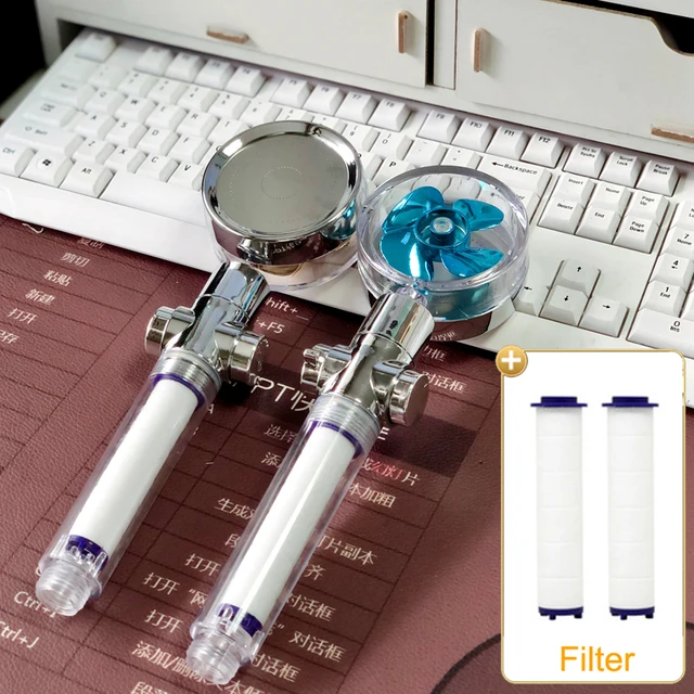 2021 Shower Head Water Saving Flow 360 Degrees Rotating With Small Fan ABS Rain High Pressure spray Nozzle Bathroom Accessories AA Blue 2x Filter