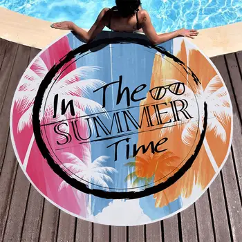 

Round Plant Letter Print Tassel Outdoor Summer Beach Mat Yoga Towel Carpet Shawl Multi-color Beach Towel Swimming Pool