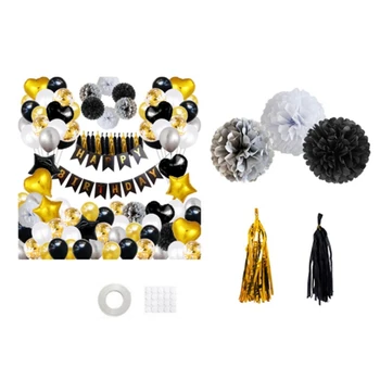 

Black and Gold Party Decoration with Happy Garland BRITHDAT - Birthday Decoration Black Balloons and Gold Glitter Curtains with