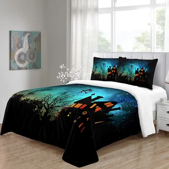 

Luxury Bedding Sets Duvet Cover Bed Comforter Twin Full Size Bedroom Happy Halloween Castle and Witch Custom Pillowcases Modern