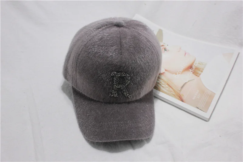 Однотонная бейсбольная шапка из меха норки, стразы, заглавные буквы, бейсбольная шапка, Осень-зима, унисекс, бейсбольная шапка - Цвет: R grey