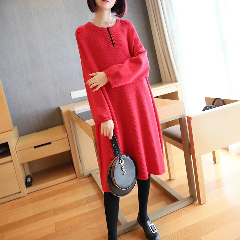 Плотное теплое высококачественное вязаное красное платье женское однотонное