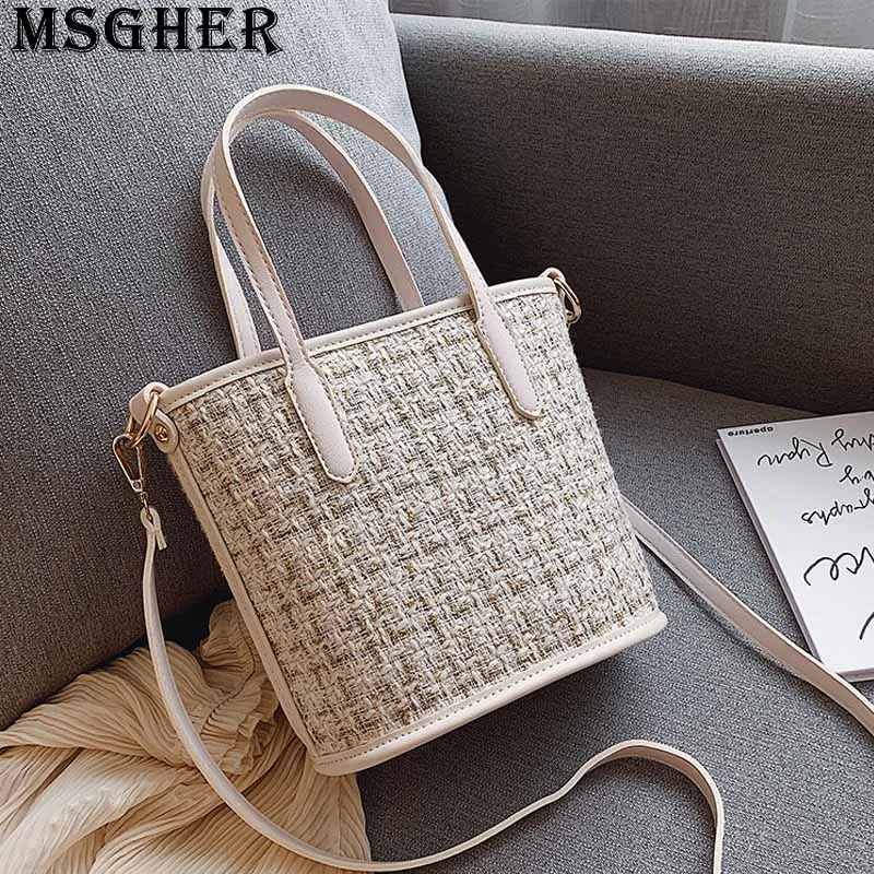 

MSGHER Plaid Knitting Bucket Women Bag Fashion Sticky Large Capaticy Handbag Summer Beach Gentle Crossbody Girl Bag WB2860