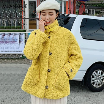 

Warm Lamb Woolen Blends Jackets Women Korean Single-Breasted Faux Fur Coat Female Thick Plush Pocket Button Teddy Wool Outerwear