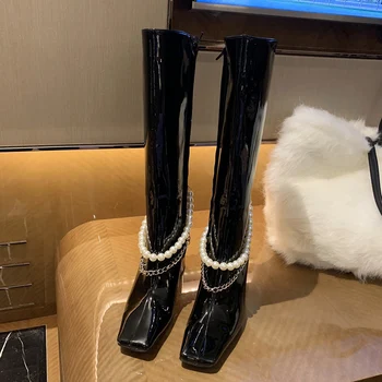 

INS 2020 Luxury Women Black Block High Heels Long Boots Winter Knee High Boots Designer Patent Leather Pearl Thigh High Boots