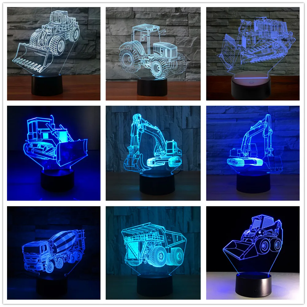 

Bulldozer Excavator Mixer Truck Tractor 7 Color Lamp 3d Visual Led Night Lights Touch Usb Table lampe Baby Sleeping Nightlight