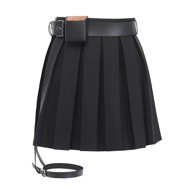 InstaHot Black Slit Pleated Skirts Women With Leather Belt Summer Sexy Party Club Punk Moto Style Streetwaer Skirts Fashion