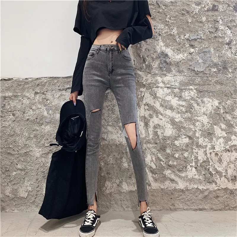 

Real shot 2019 new fashion retro slim slim high waist jeans women's hole split fork casual feet jeans