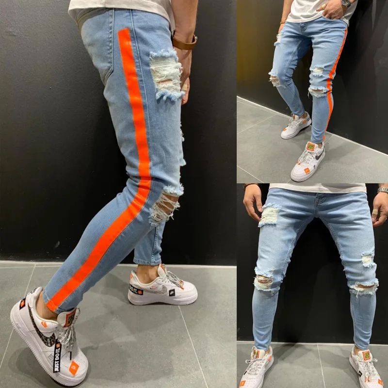 Mens Side Stripe Skinny Pencil Jeans Ripped Destroyed Denim Pants Streetwear Slim Blue Jeans Man Stretch Jeansy Plus Size S-3XL Mens Side Stripe Skinny Pencil Jeans Ripped Destroyed Denim Pants Streetwear Slim Blue Jeans Man Stretch Jeansy Plus Size S-3XL