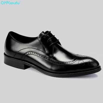 

QYFCIOUFU Italian Retro Brogues Men Dress Shoes Genuine Leather High Quality Cow Leather Black Wine Red Formal Shoes Oxford