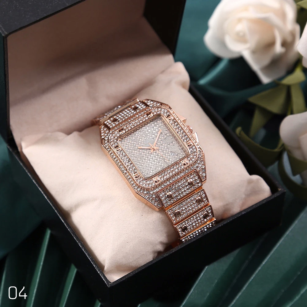Super Shine Hip Hop Iced Out Men Watch Square Diaond Quartz Mens Wrist Watches Gold Roan Calendar Steel Clock_voghion.com