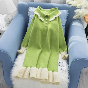 

turn-down collar knitted women dresses ruffles loose patchwork sweet knee-length lady elegant dresses pulls outwear tops