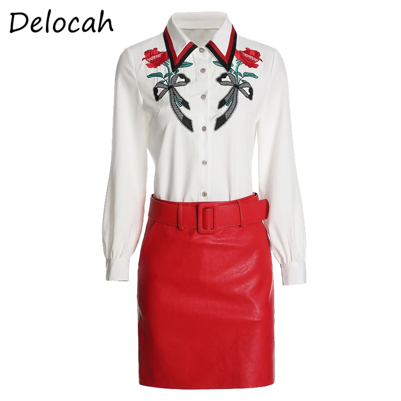 

Delocah Spring Summer Women Set Runway Fashion Designer Long Sleeve Gorgeous Embroidery Blouses+Slim Skirt Two Pieces Suits