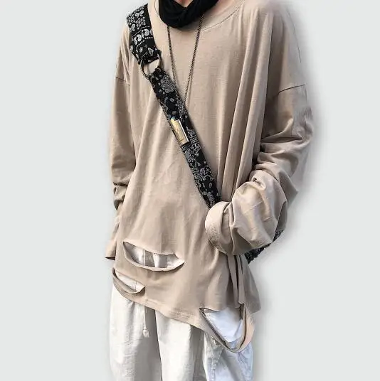 DIY holes khaki Осенняя панк хип хоп футболка с длинным рукавом с большими отверстиями для мужчин и женщин негабаритная винтажная уличная одежда harajuku ретро футболки топы - Цвет: DIY holes khaki
