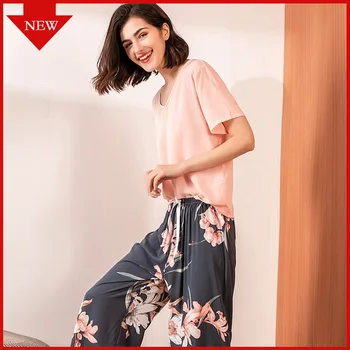 

VDOGRIR 2020 New Women's Pajamas Sets Floral Printed Pyjama Sleepwear Female Casual V Neck Short Sleeve Elastic Waist Nightwear