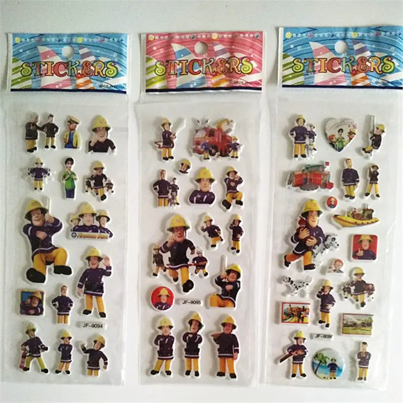Pegatinas de dibujos animados de bombero y Sam para niños, decoración del hogar, diario, etiqueta de cuaderno, juguete, pegatina de camión de bomberos 3D, 6 uds.