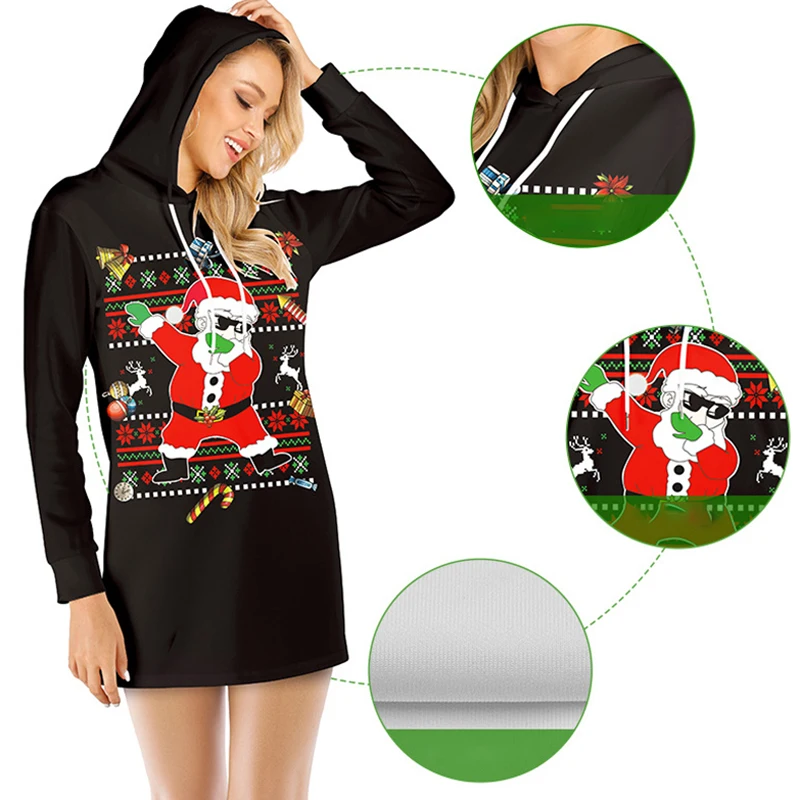 Lossky свитер платье Женская длинная Рождественская одежда Санта принт черные топы пуловер с длинными рукавами толстовки женские Осень Зима