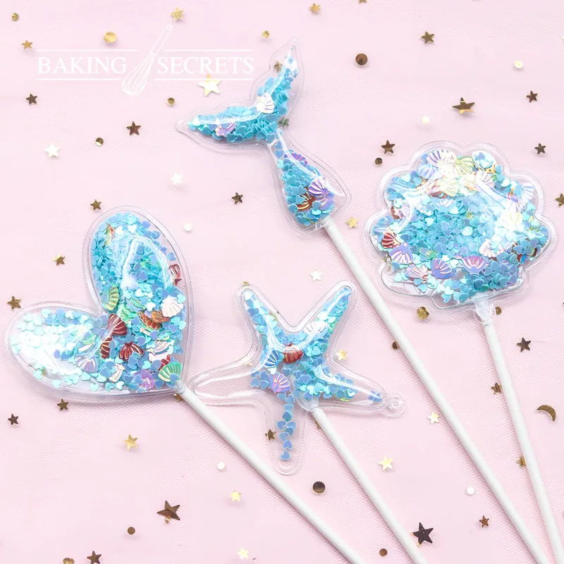 Cake Topper 3pcs Mermaid Sequin Cake Topper Baby Shower Cake Decoration Blue Pink Star Shell Ocean Cupcake Toppers Birthday Wedding Party